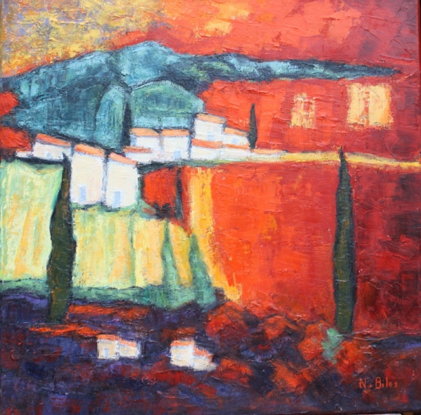 Village au Sud, géométrisation des formes, équilibres subtils dans ses œuvres, Nicole BILES, peintre, expose  au Pôle d'Exposition TOULON COTE- D'AZUR<br/>