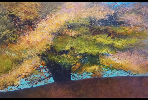 ''Hêtre ou ne pas Être'', acrylique sur toile,160x100cm, Marie-Pierre MAURER possède le savoir et la parfaite maîtrise de la gamme des grammaires picturales constituant l'impressionnisme, du figuratif à l'abstrait. Son style restitue ses diverses visions.