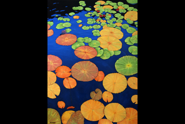 ''Monet Time'', huile sur toile 100x75cm (2021) JS RENAND modernise l'impressionnisme dans notre siècle, son œuvre revisite ici, en une vision d'art novatrice très contemporaine, un des thèmes floraux préférés du Maître de l'Impressionnisme.