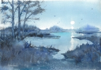 “Nouvelle Lune”, aquarelle,36x26cm. oeuvre de Frédéric STEINLAENDER, peintre aquarelliste 