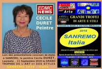 Cécile Duret, pittrice, Insignita del Palmares, ha ottenuto il Grande Trofeo di Arte e Stili, Sanremo 2019